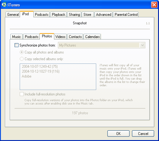 Apple's iTunes iPod Options running on Windows XP