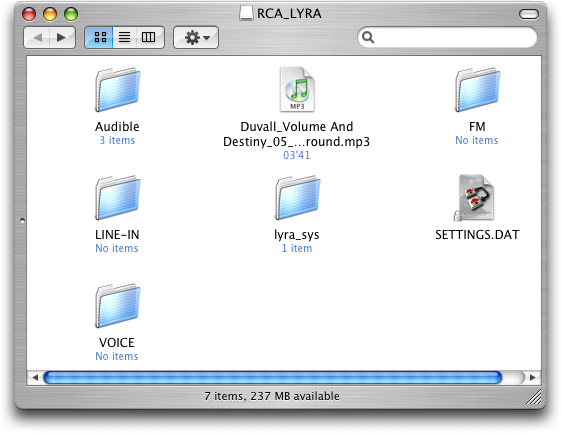 RCA Lyra MP3 Player as viewed in Mac Finder