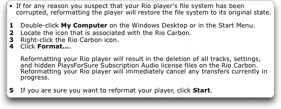 Reformatting the disk on a Rio Carbon MP3 Player