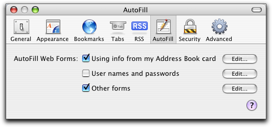 Mac OS X Apple Safari Browser: Autofill Preferences