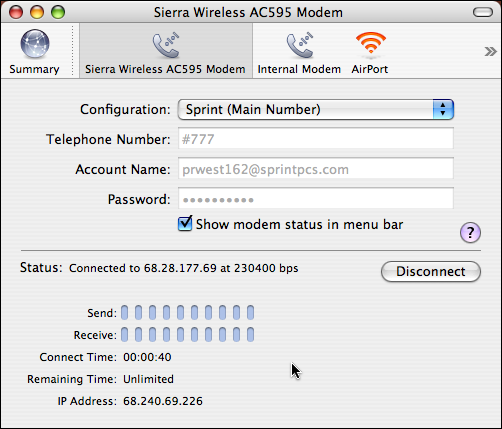 Sierra Wireless 595 on Mac OS X: Internet Connection