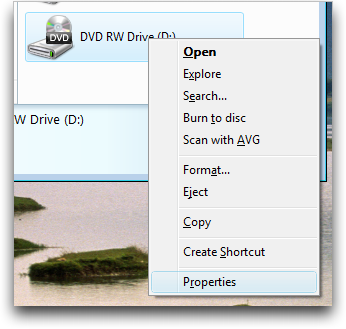 Windows Vista: Computer: DVD-ROM: Right-click