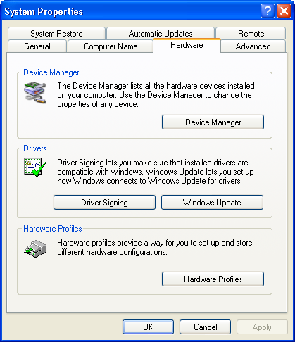 Windows XP: System: System Properties: Hardware