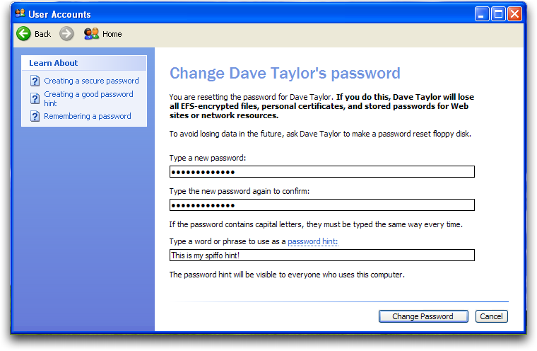 WinXP: Control Panel: User Accounts: Change Account Password