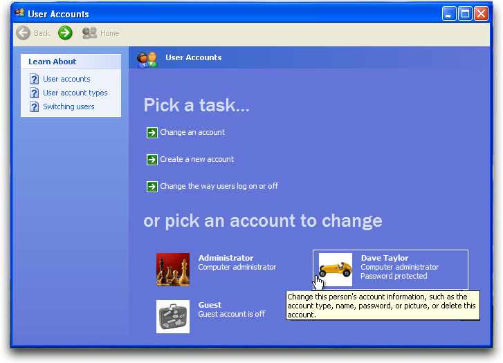 WinXP: Control Panel: User Accounts: Pick an Account to Modify