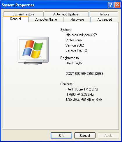Windows XP [winxp] Control Panels: System: General Info
