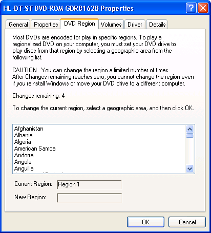 Windows XP: DVD Properties: Region