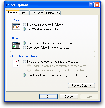 Microsoft Windows XP (winxp): Folder Options: General