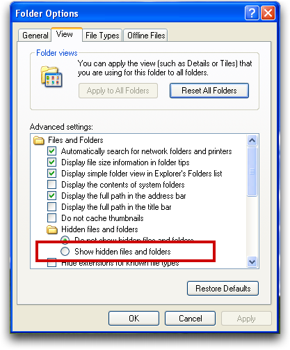 Microsoft Windows XP (winxp): Folder Options: View
