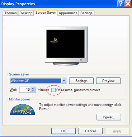 windows xp screensaver configuration