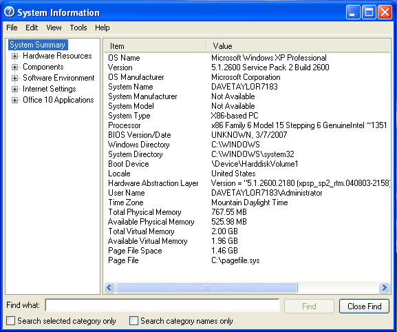 Windows XP [winxp] System Information Tool: System Summary