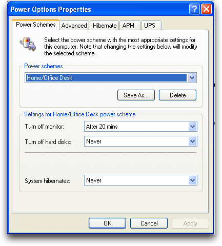 Windows XP: Power Options: Power Schemes