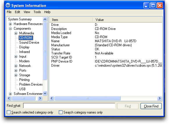Windows XP: System Information: CD-ROM / DVD-ROM