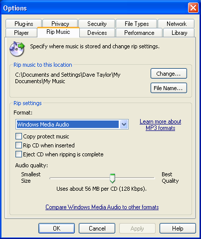 Windows Media Player 10: Rip Music Settings