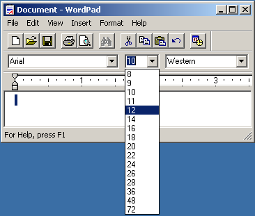 how to set default font size in wordpad