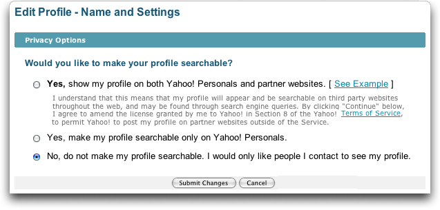 Yahoo Personals: Privacy Options