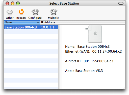 Apple Airport Admin Utility: Select an Airport Device