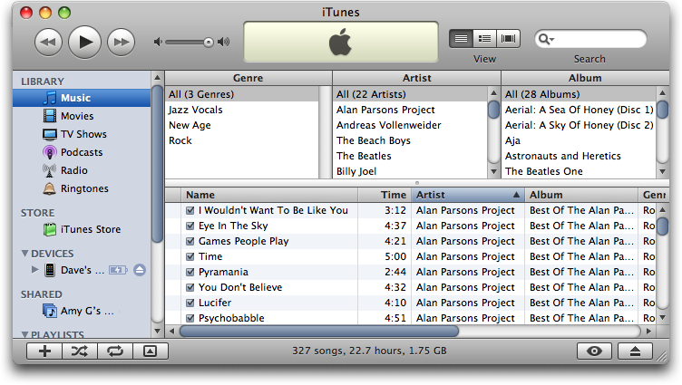 Mac iTunes Senuti: iTunes showing music copied with Senuti from an Apple iPhone