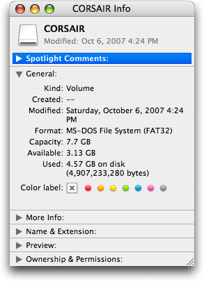 Mac OS X: Get Info: Corsair 8GB Flash Survivor GT Drive