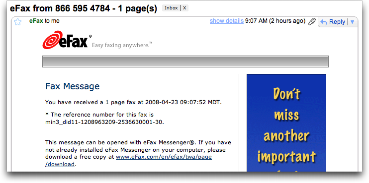 eFax: Fax Received email from within Google Gmail