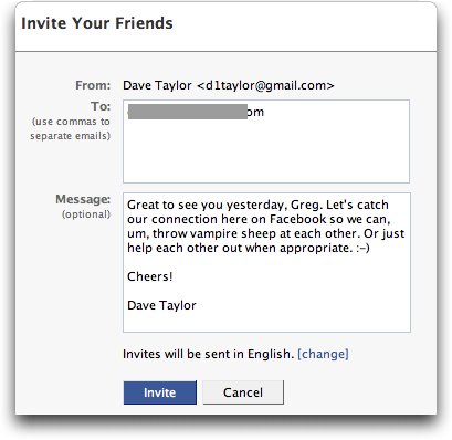 Facebook: Invite Friends: Invitation Compose Window