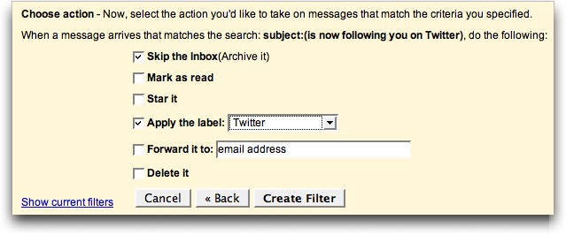 Google Gmail: Settings: Filter: Action