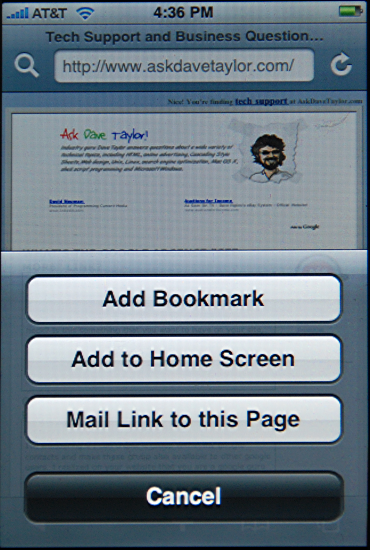 Apple iPhone: Safari: Creating a Bookmark for Ask Dave Taylor Tech Support