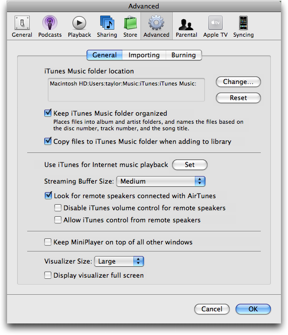 Apple iTunes: Preferences: Advanced: General