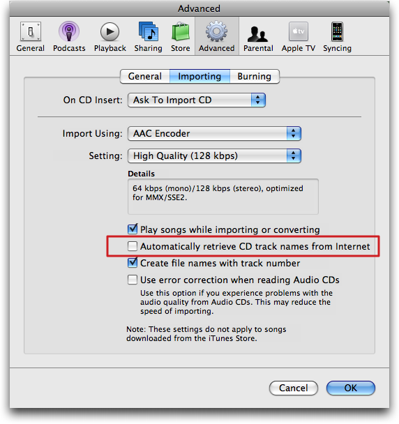 Apple iTunes: Preferences: Advanced: Importing