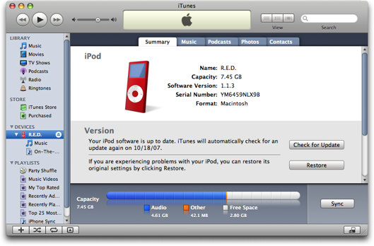 iTunes showing an iPod, Mac OS X