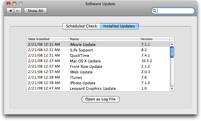 Mac OS X: Software Update: Installed Updates