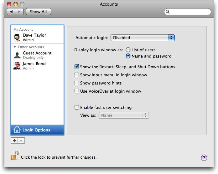Mac OS X: System Preferences: Accounts: Login Options