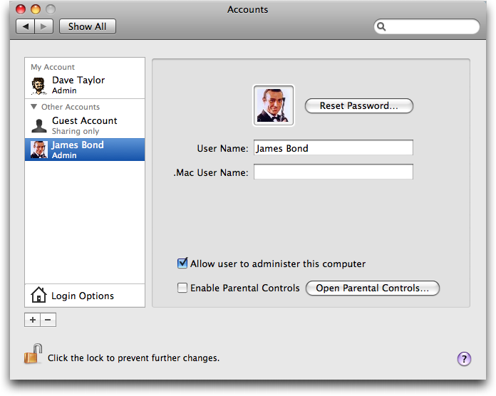 Mac OS X: System Preferences: Accounts: New: James Bond, 007