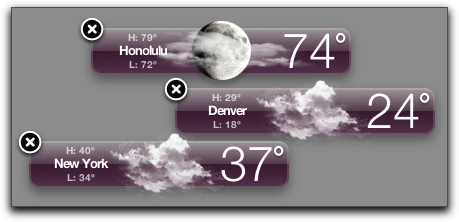 Mac OS X: Dashboard: Weather Widgets: X shown