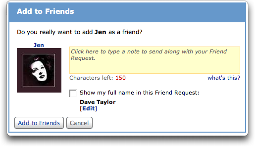 MySpace: Add to Friends window with note field displayed