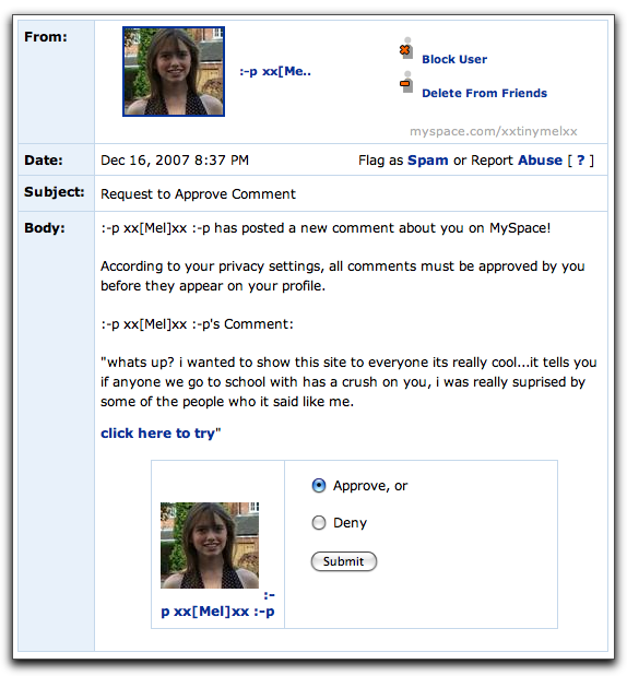 MySpace: Comment Spam sent as an Email Message