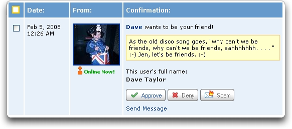 MySpace: Add to Friends Request with note field displayed