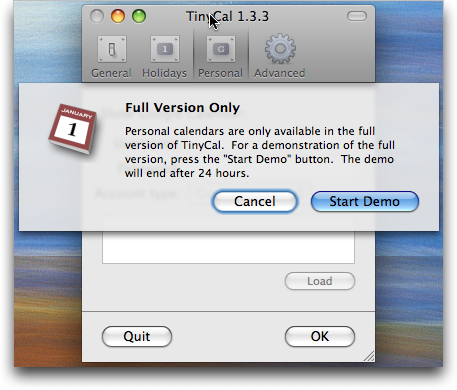 TinyCal Google Calendar / Mac OS X utility: Personal Calendar: Demo