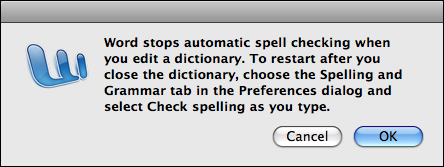 microsoft word mac custom dictionary edit warning