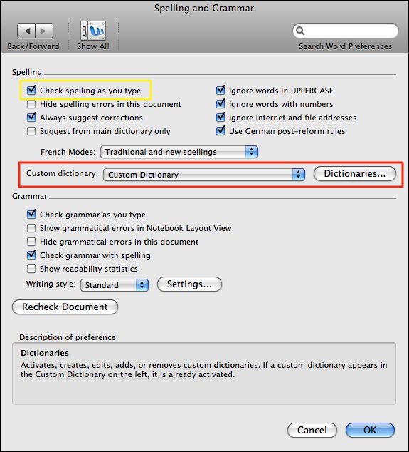 microsoft word mac preferences spelling grammar