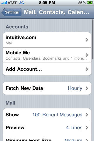 apple iphone 3g settings mail,contacts,calendar