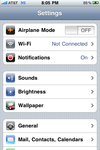 apple iphone 3g settings