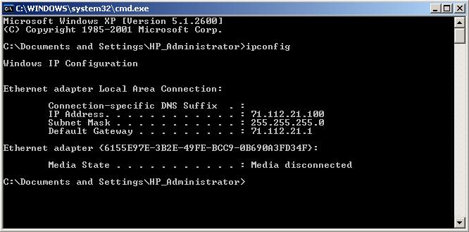 microsoft windows xp command prompt: ipconfig output