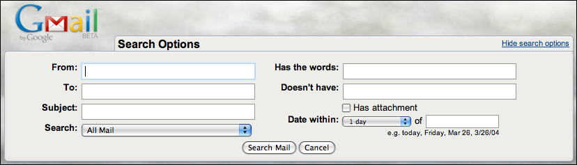 google gmail search options