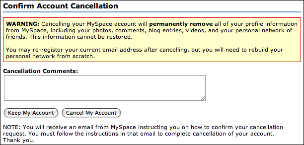 myspace account cancellation confirm