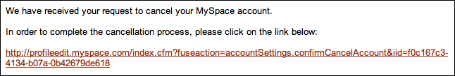 myspace account cancellation email