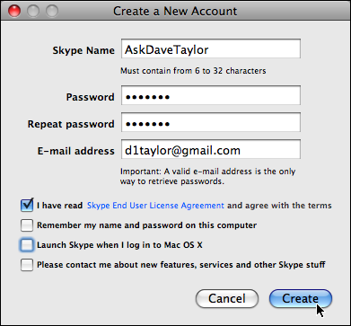 skype create new account