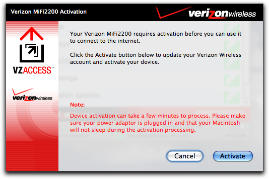vzaccess manager mac mifi2200 activation