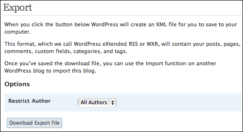 wordpress export blog data