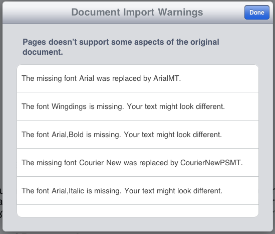 ipad pages document import warnings